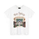 Fez Spirit T-shirt featuring Bab Bou Jeloud Blue Gate with souk stalls and skyline