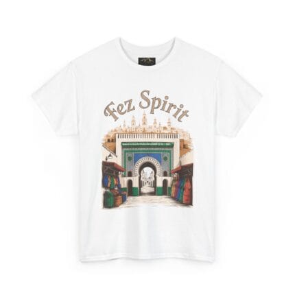 Fez Spirit T-shirt featuring Bab Bou Jeloud Blue Gate with souk stalls and skyline